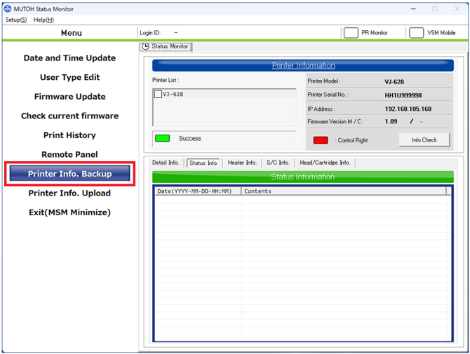 Printer Info. Backup